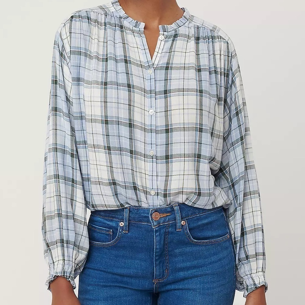 Loft Blue Plaid Ruffle Trim Button Front Blouse 2/$35